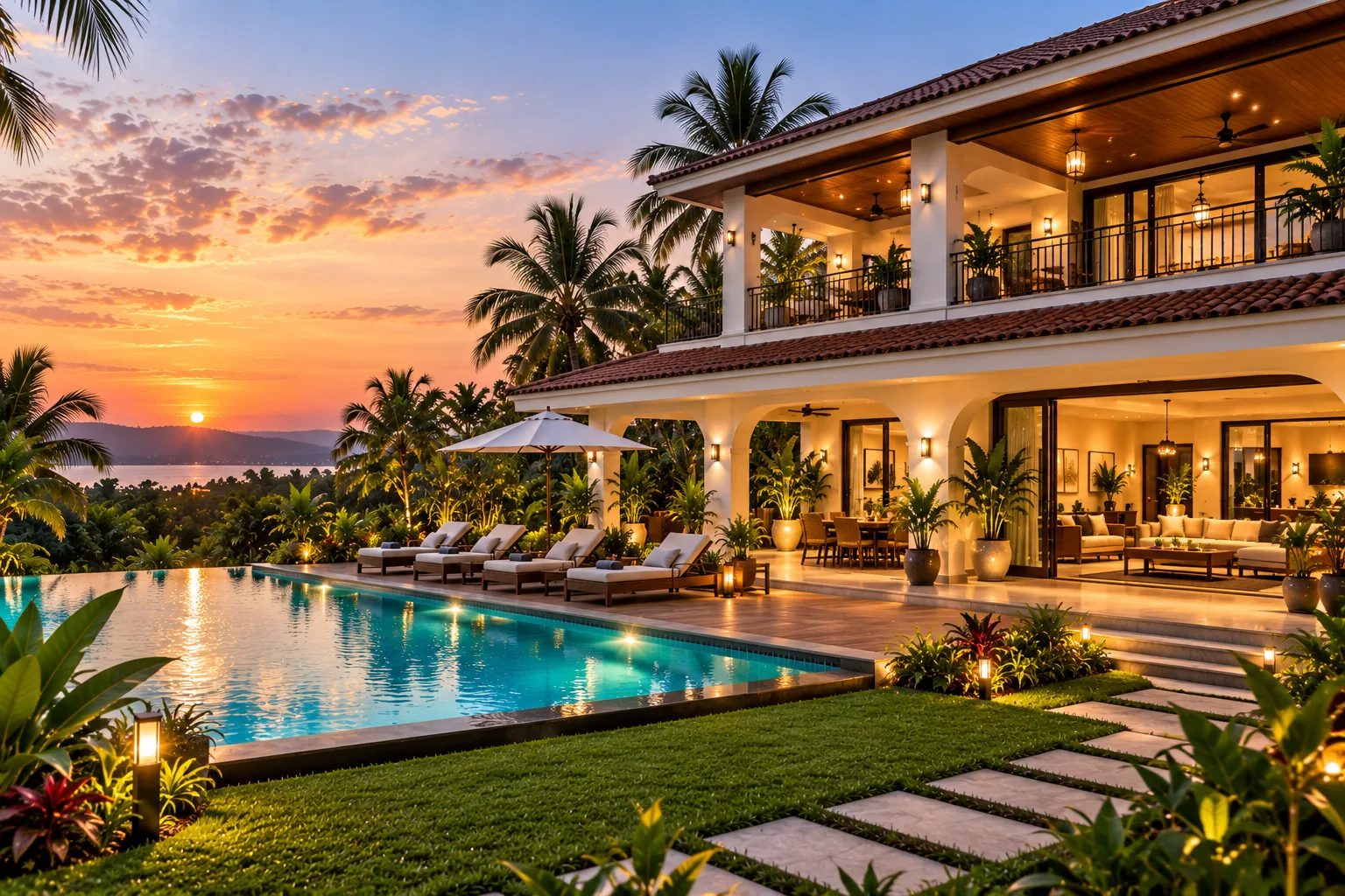 Tropical villa with infinity pool at sunset