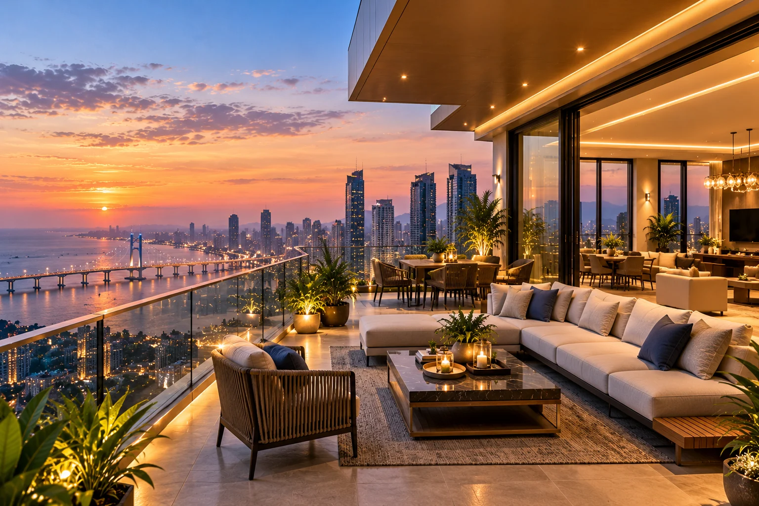 Penthouse terrace overlooking the city skyline at sunset