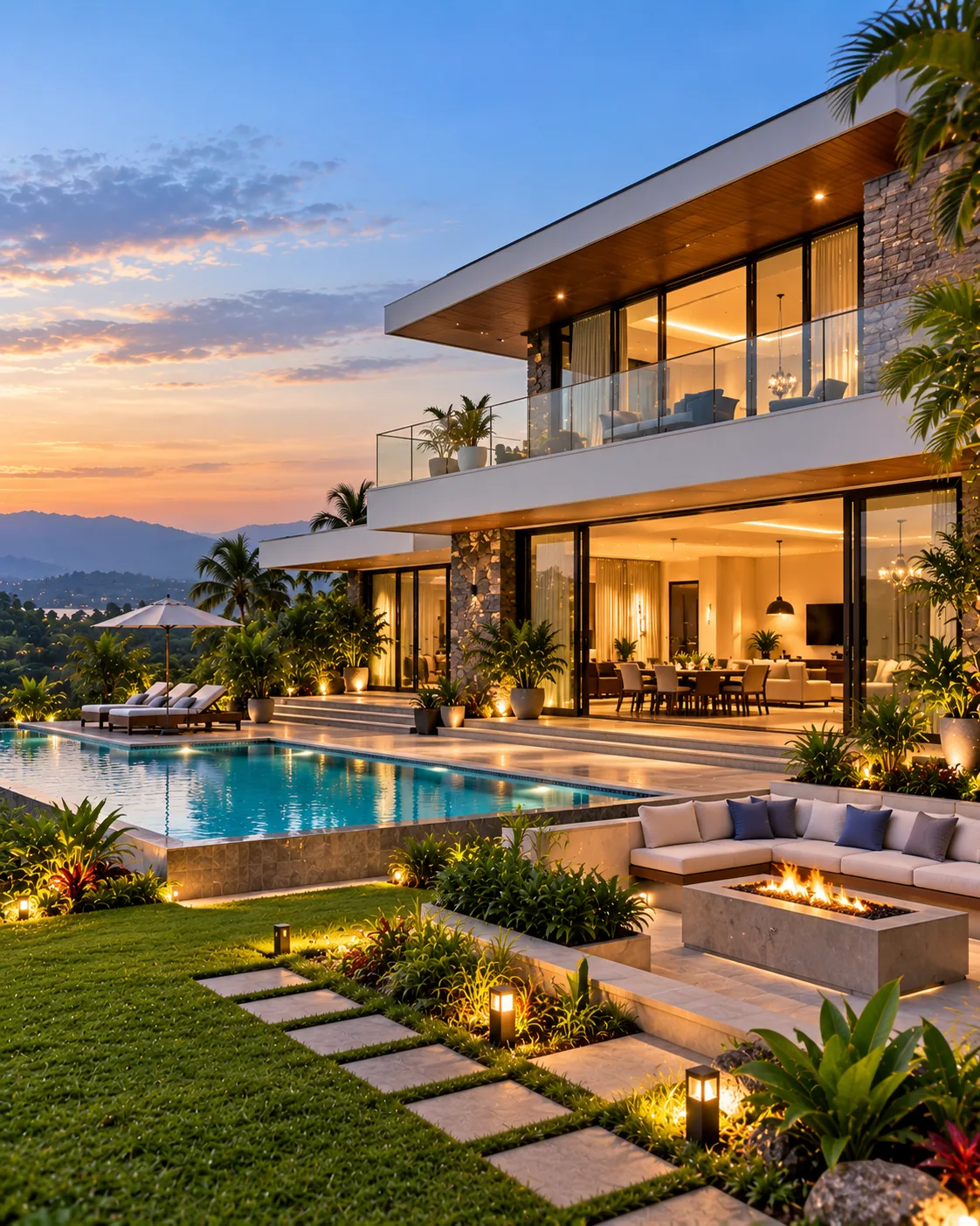 Modern hillside villa with pool and fire pit