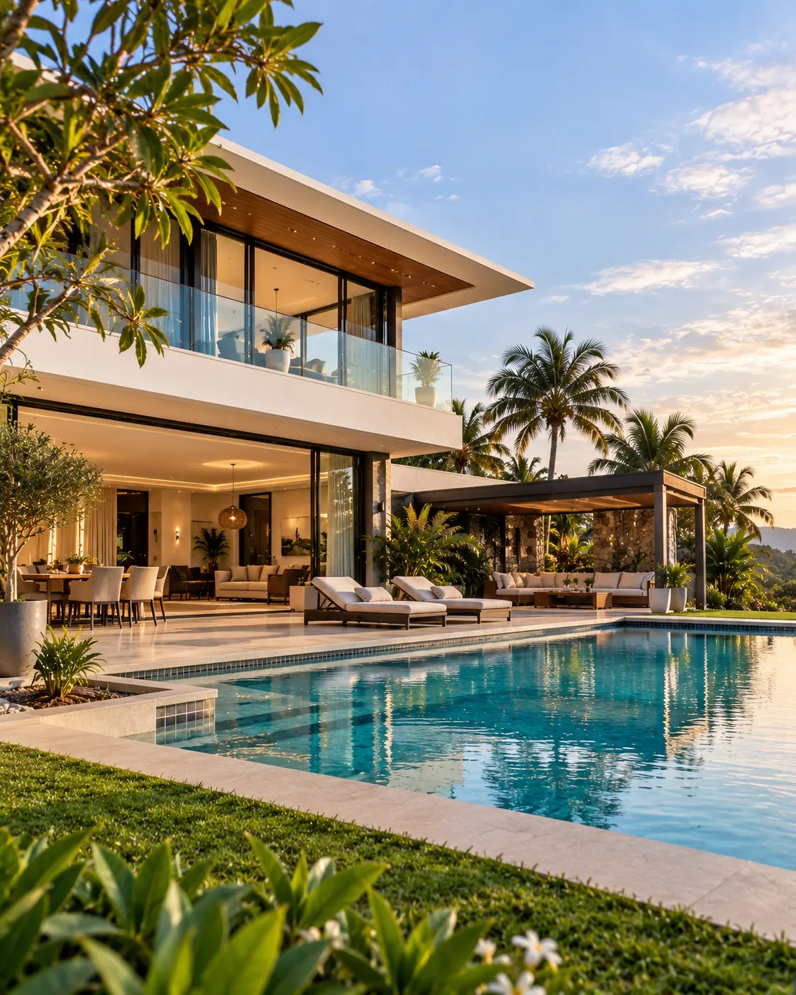 Modern villa with pool and palm trees