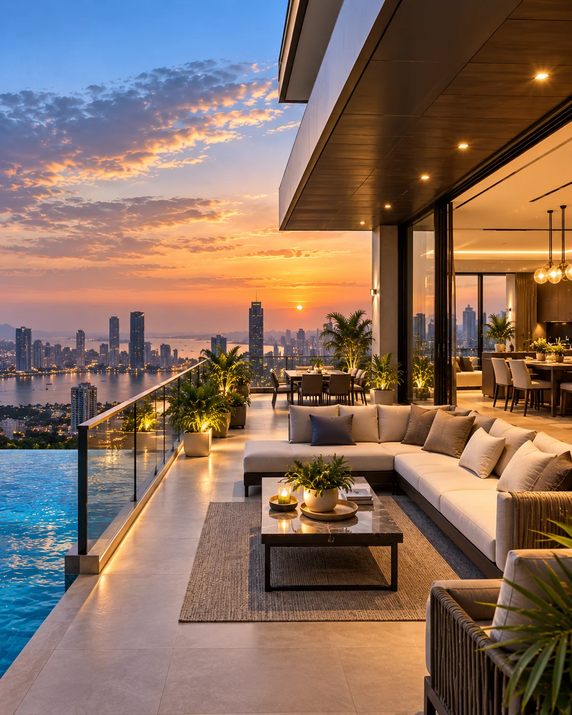 Penthouse lounge terrace with city views