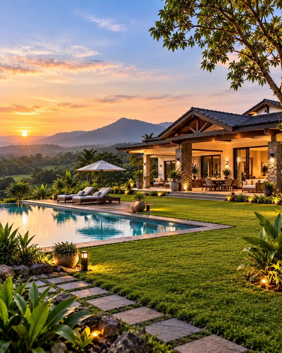 Mountain villa retreat with pool at golden hour
